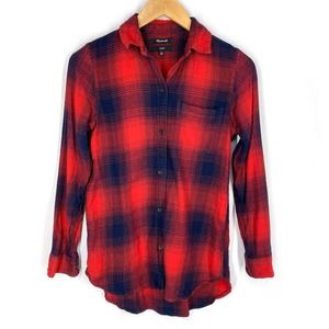 Madewell Classic Ex-Boyfriend Shirt Wilder Plaid F5651 Red Navy Flannel Top XS